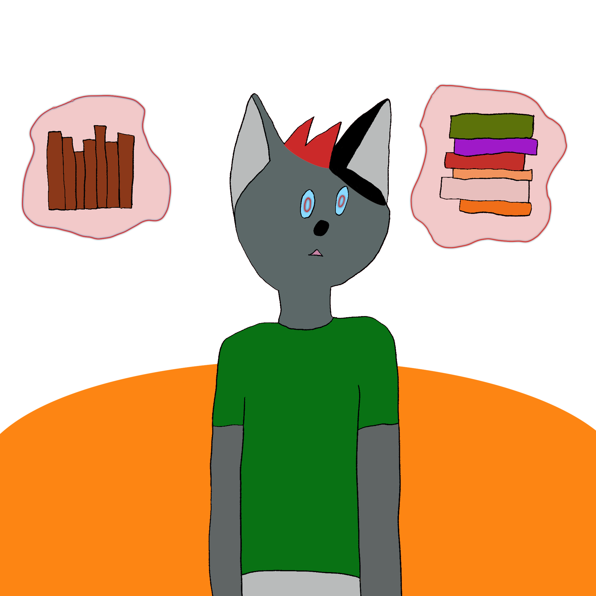 Drawing of a furry character, Léon, a grey cat with red hair and the left ear fully black, wearing a pink shirt. They are looking at the books floating beside them in a red blob of magic, while their eyes have a red glow.