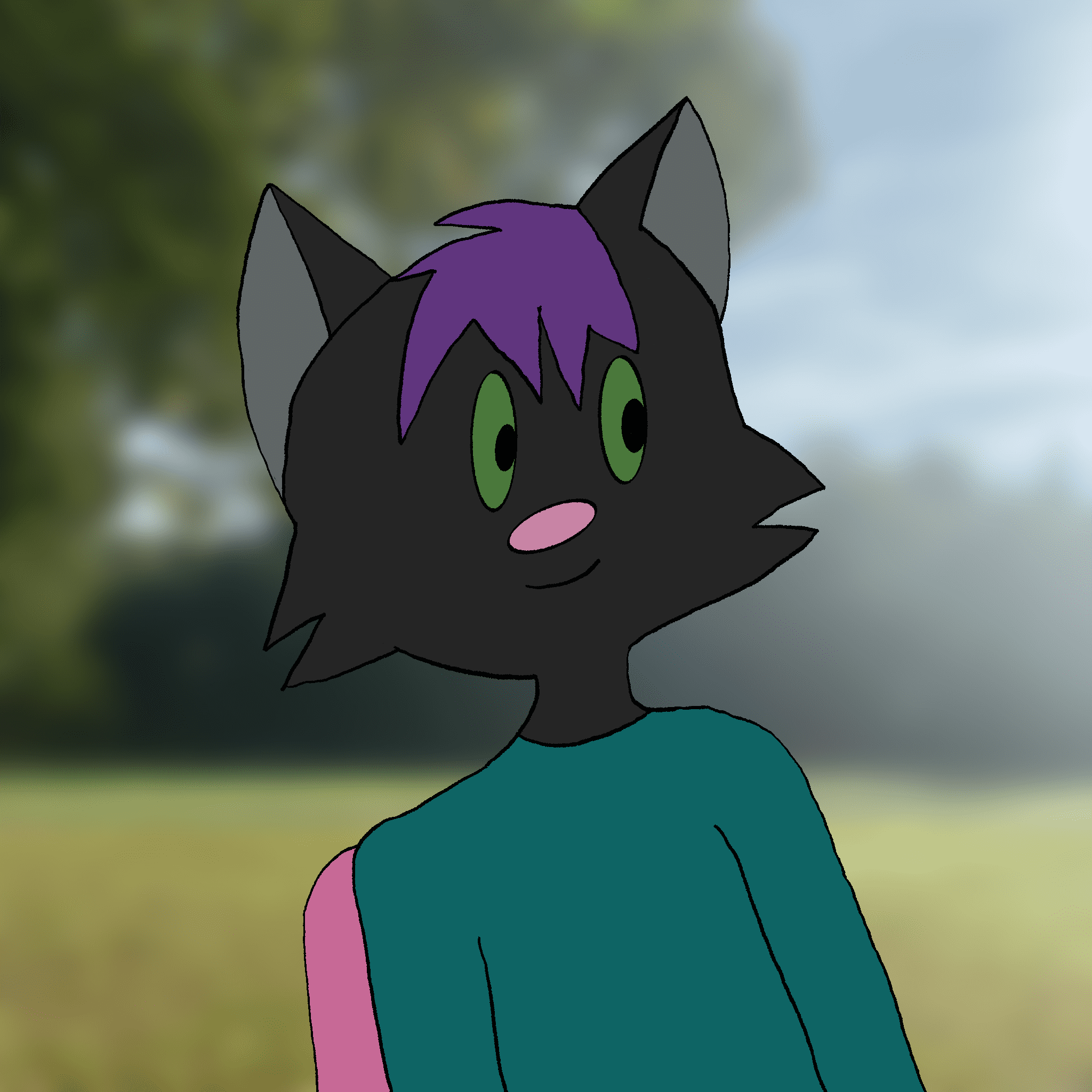 Drawing of a furry character sitting in a pink chair. Orion is a black cat with purple hair, green eyes and pink nose, smiling and wearing a dark green shirt.