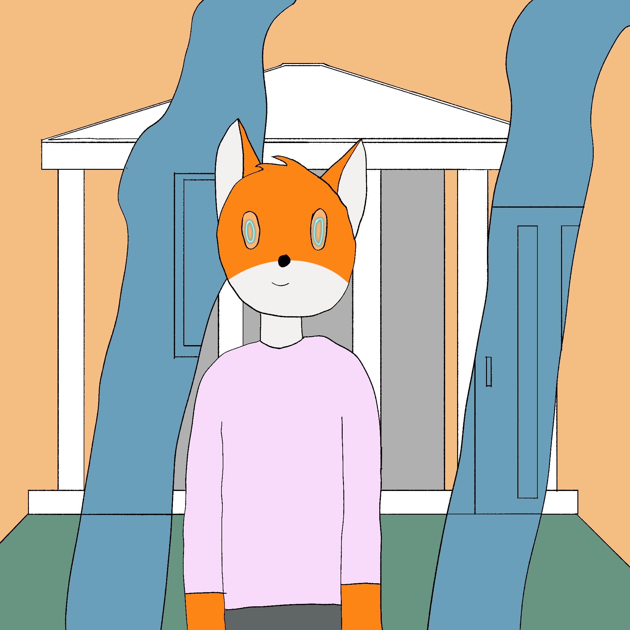 Drawing of a furry character, Victor, a fox with the lower half of the head white, smiling, with a blue glow in his eyes, wearing a pink shirt. THe background is a greek temple illusion with blue stripes revealing his bedroom behind the illusion.