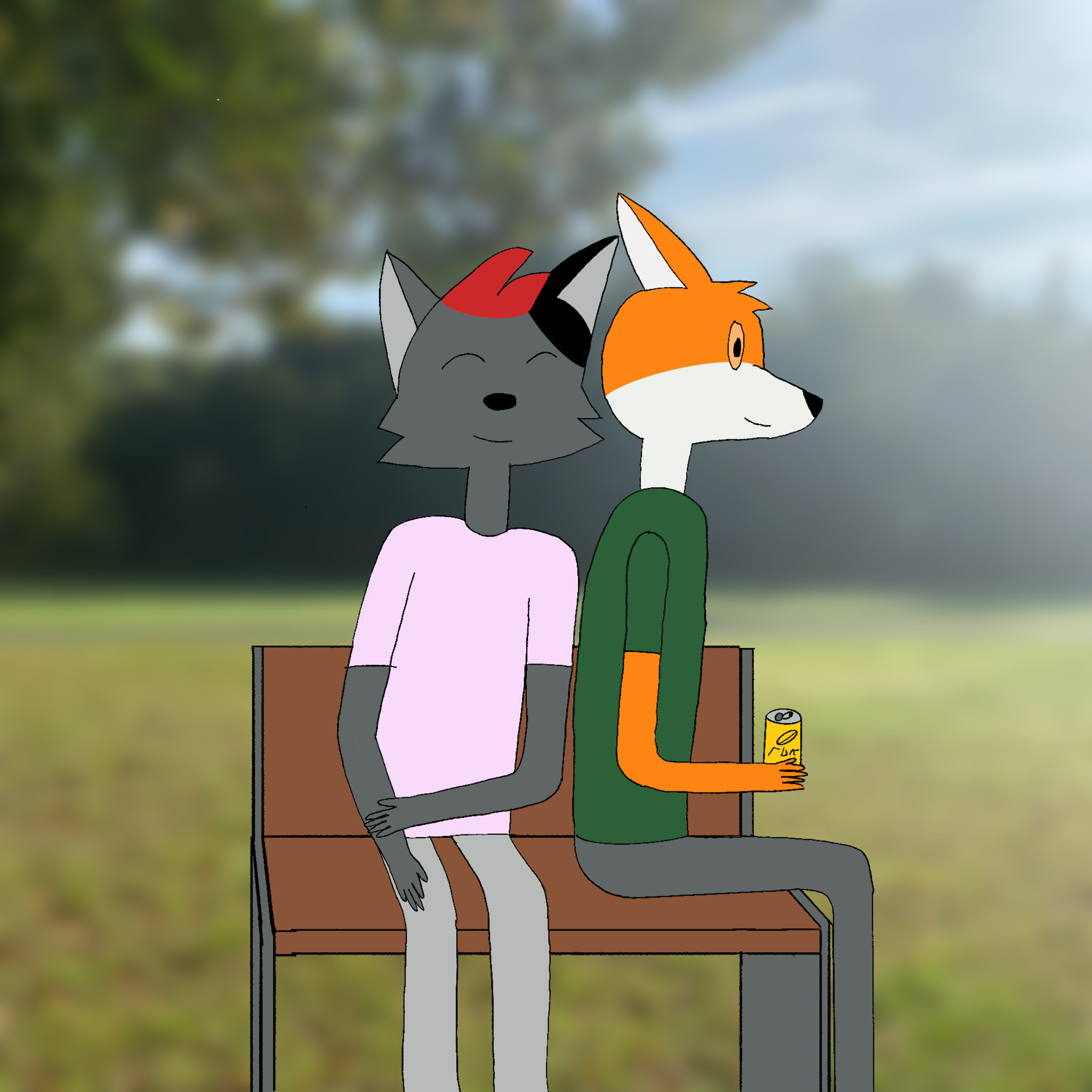 Drawing of two furry characters sitting on a bench. The first on the left is Léon, a grey cat with red hair and the left ear fully black, smiling eyes closed, wearing a pink shirt and leaning on the other furry character. The one on the right is Victor, a fox with the lower half of the head white, smiling, sitting on the side of the bench, wearing a dark green shirt and holding a can of coffee.